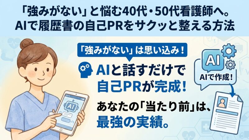 【プロンプト付】「強みがない」と悩む40代・50代看護師へ。AIで履歴書の自己PRをサクッと整える方法 