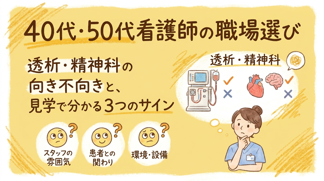 40代・50代看護師の職場選び｜透析・精神科の向き不向きと、見学で分かる３つのサイン